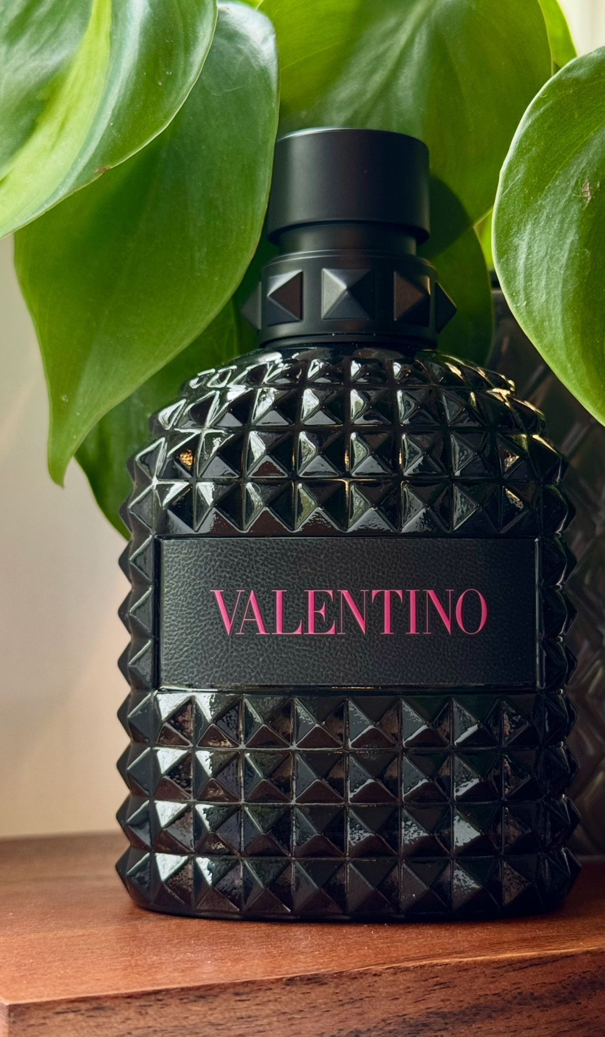 Black studded fragrance bottle in front of green leaves